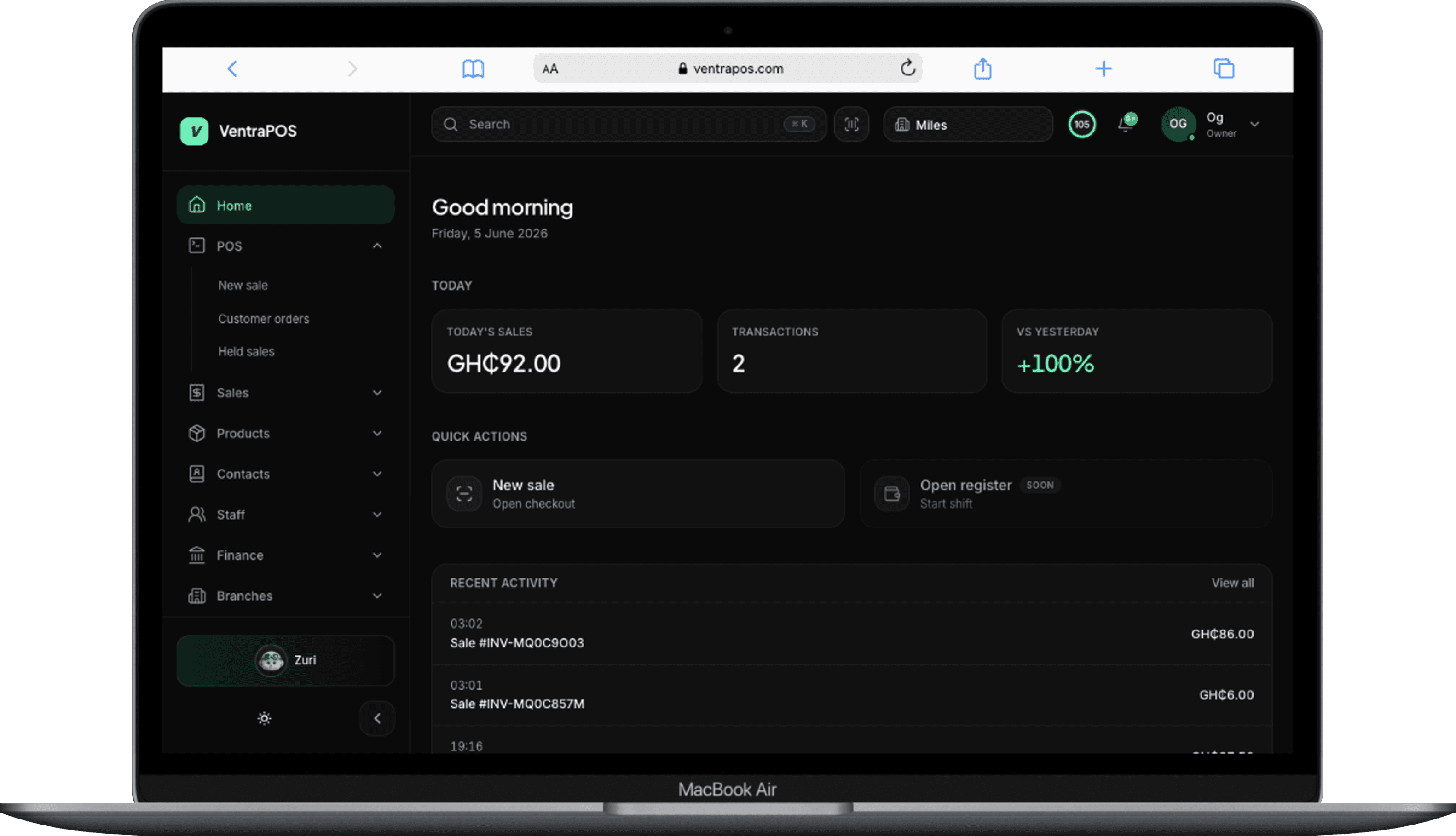 VentraPOS dashboard homepage on MacBook showing sales and activity
