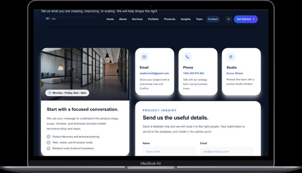 ZeoFex contact page showing office, email, phone, and studio support options