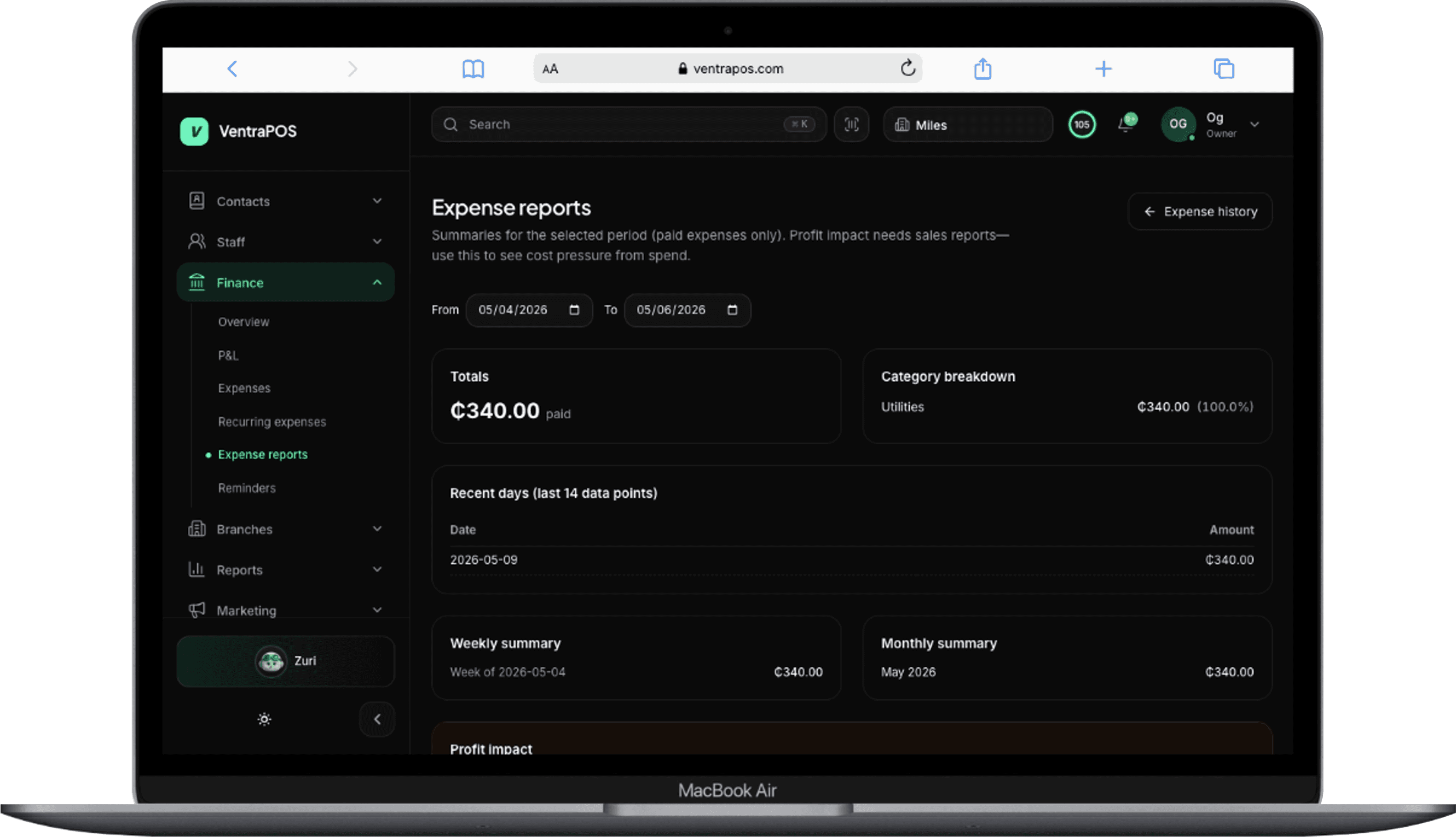 VentraPOS expense reports and cost tracking