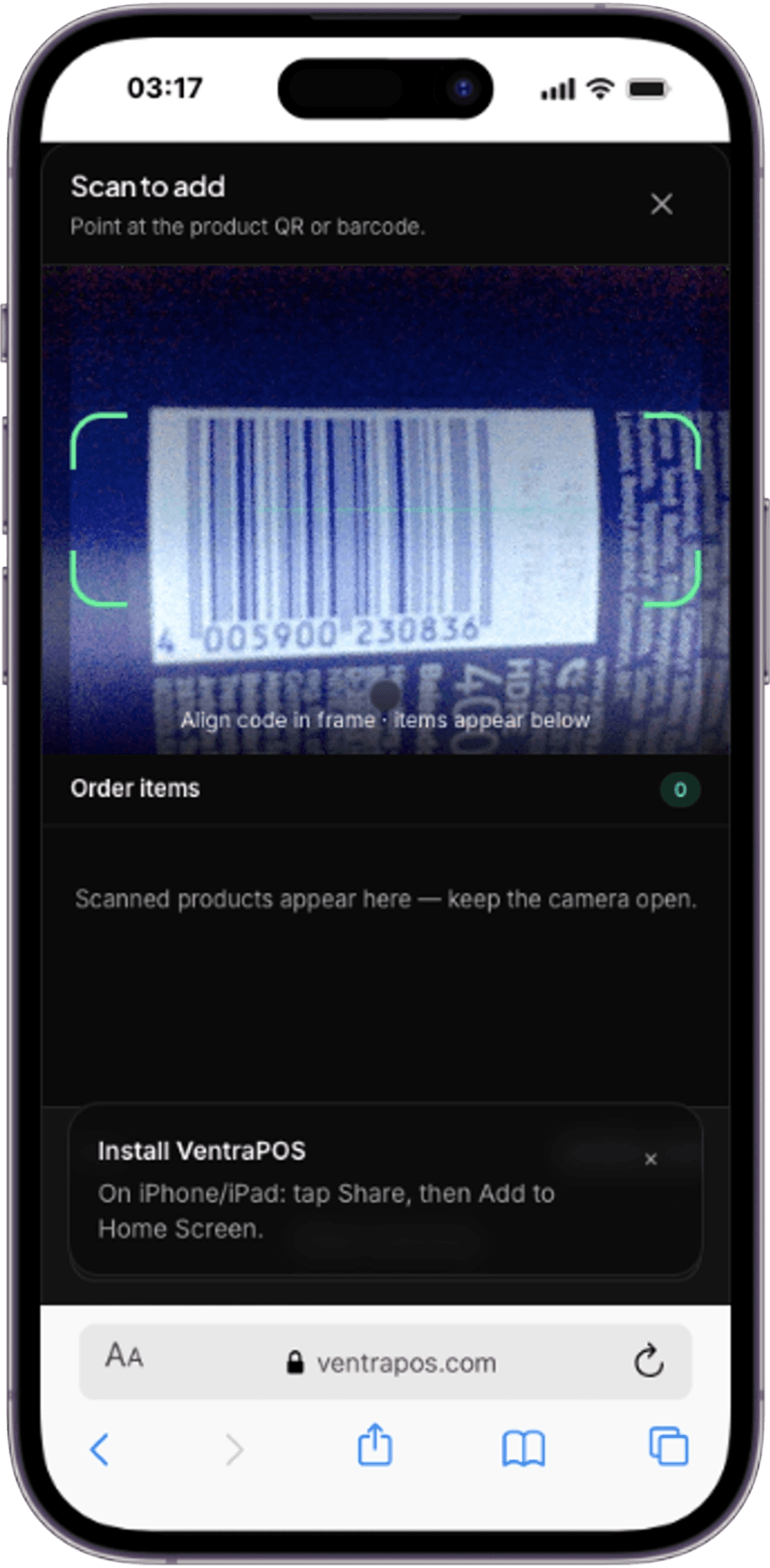 VentraPOS mobile barcode scanner for fast sales and checkout