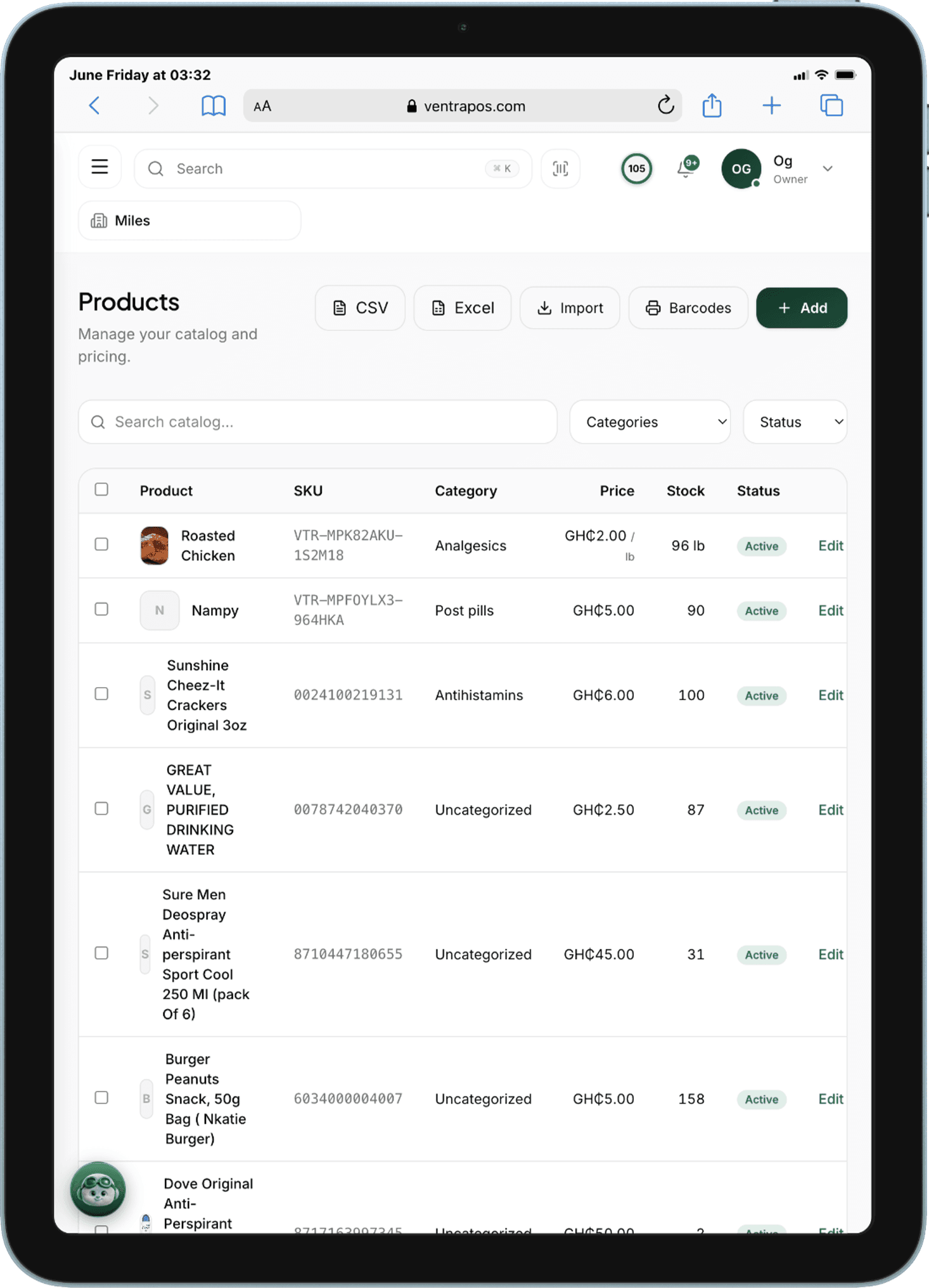 VentraPOS product catalog and inventory management