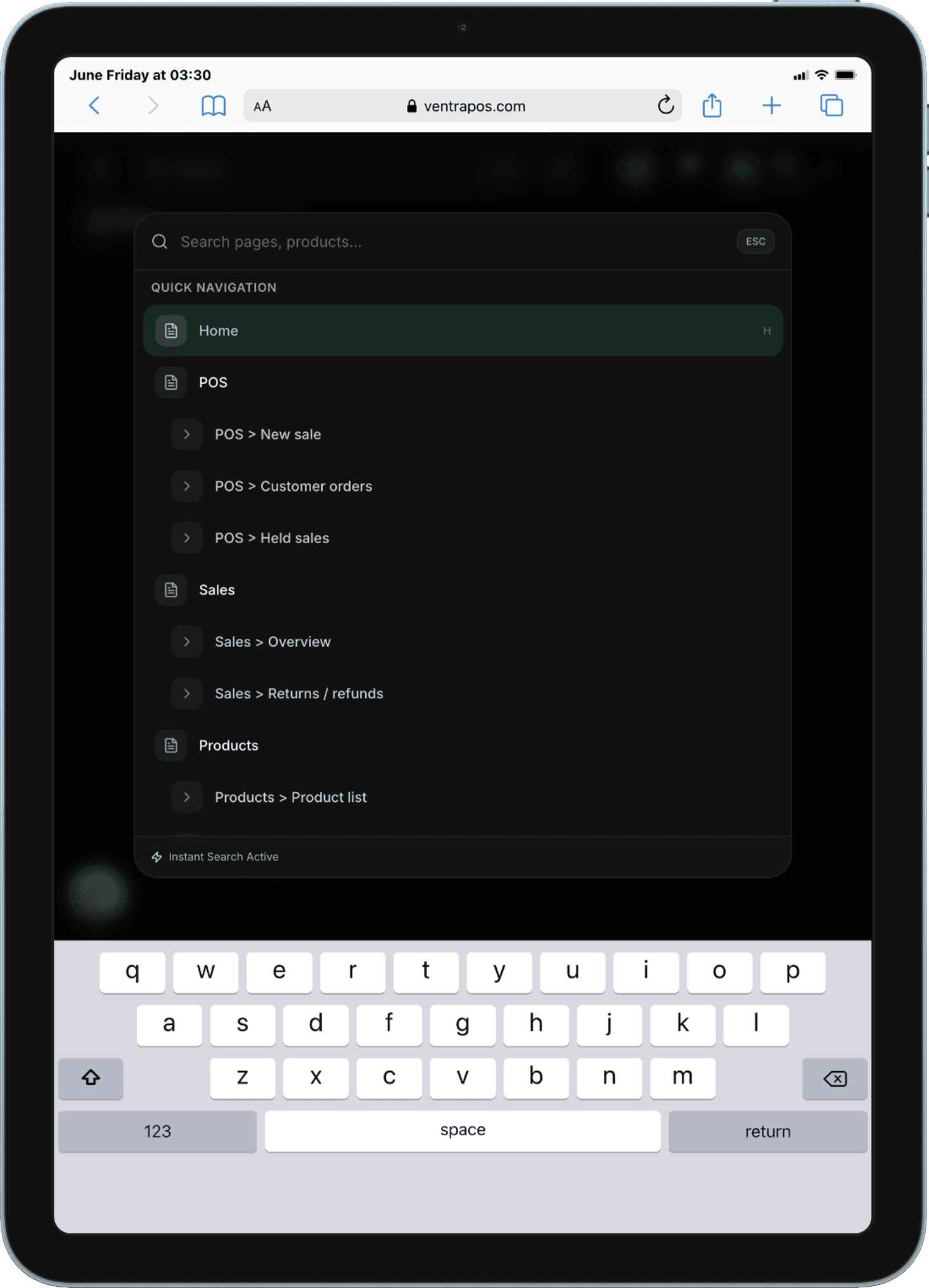 VentraPOS customer search and relationship management on tablet